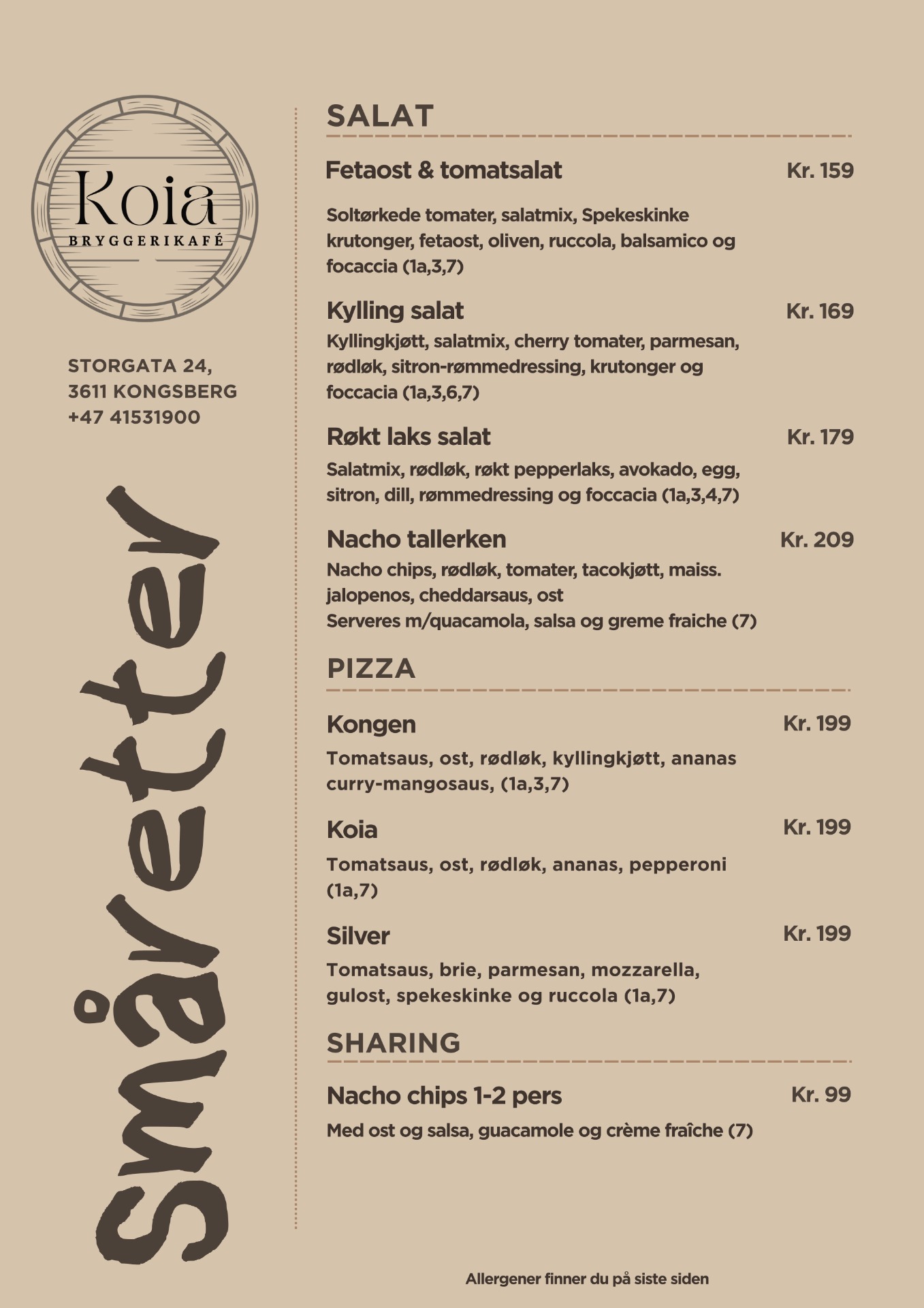 Menyoversikt med salater, pizza og sharing, priser og ingredienser, Koia Bryggerikafe og kontaktinfo.