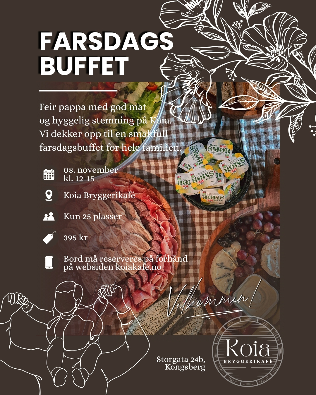 Farsdagsbuffet på Koia ❤️
Feir farsdagen hos oss på Koia Bryggerikafé!
Søndag 8. november inviterer vi til en hyggelig farsdagsbuffet med god mat, lun stemning og noe for hele familien. Ta med pappa, familien eller noen du er glad i, og nyt en avslappende søndag rundt bordet hos oss.
Vi serverer en smakfull buffet med blant annet finsk kjøttgryte, potetmos, salat, brød og tyttebær. Til dessert blir det kaffe og kake. 🍽️☕
8. november 2026
Kl. 12.00–15.00
395 kr per person
Kun 25 plasser
Meny
Salatmix
Brød
Finsk kjøttgryte
Potetmos
Tyttebær
Kaffe og kake
Bord må reserveres på forhånd, så samle familien og sikre dere plass til en hyggelig farsdag hos Koia. ❤️
Vi gleder oss til å feire farsdagen sammen med dere!