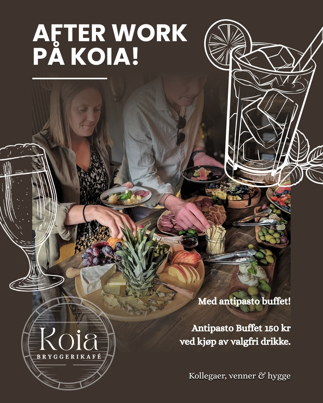 Afterwork på Koia bryggerikafè – kjøp valgfri drikke og legg til antipasto buffet for kun 150 kr per person.